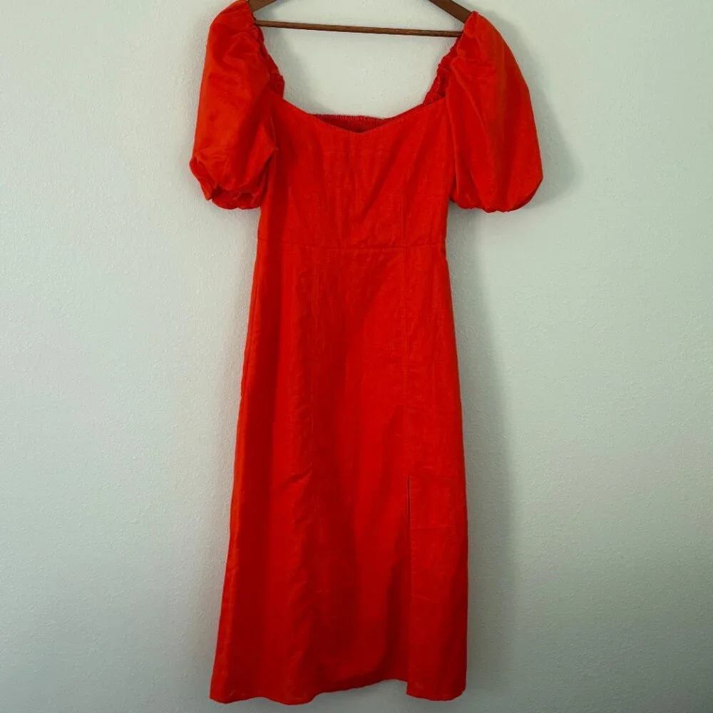 NWOT Banana Republic Orange Linen Blend Puffy Sleeve Side Slit Dress Size 2 - Picture 3 of 14